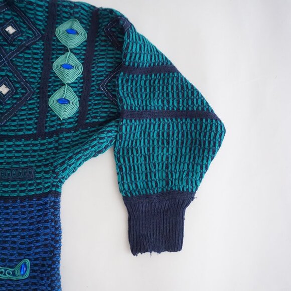 Vintage Bonnie Blue Teal Geometric Beaded Collared Button Front Sweater L - Picture 9 of 11